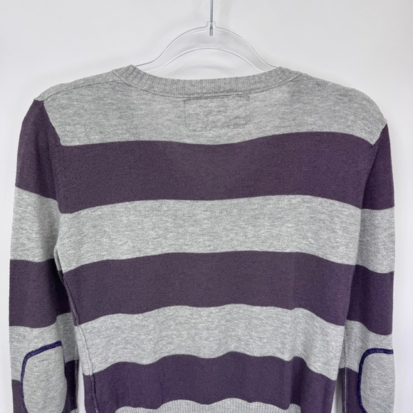 Vintage Y2K AEO Striped Cardigan Sweater Women's M Purple Gray Elbow Patch‎ - Picture 7 of 15